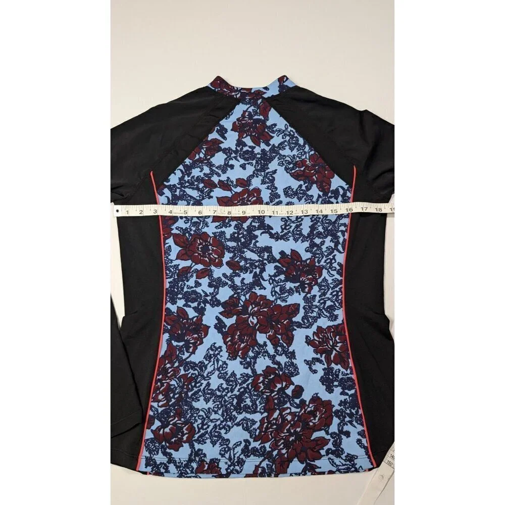 Floral Rash Guard Swim Top Colorblock Long-Sleeve Zip Black & Blue Womens M